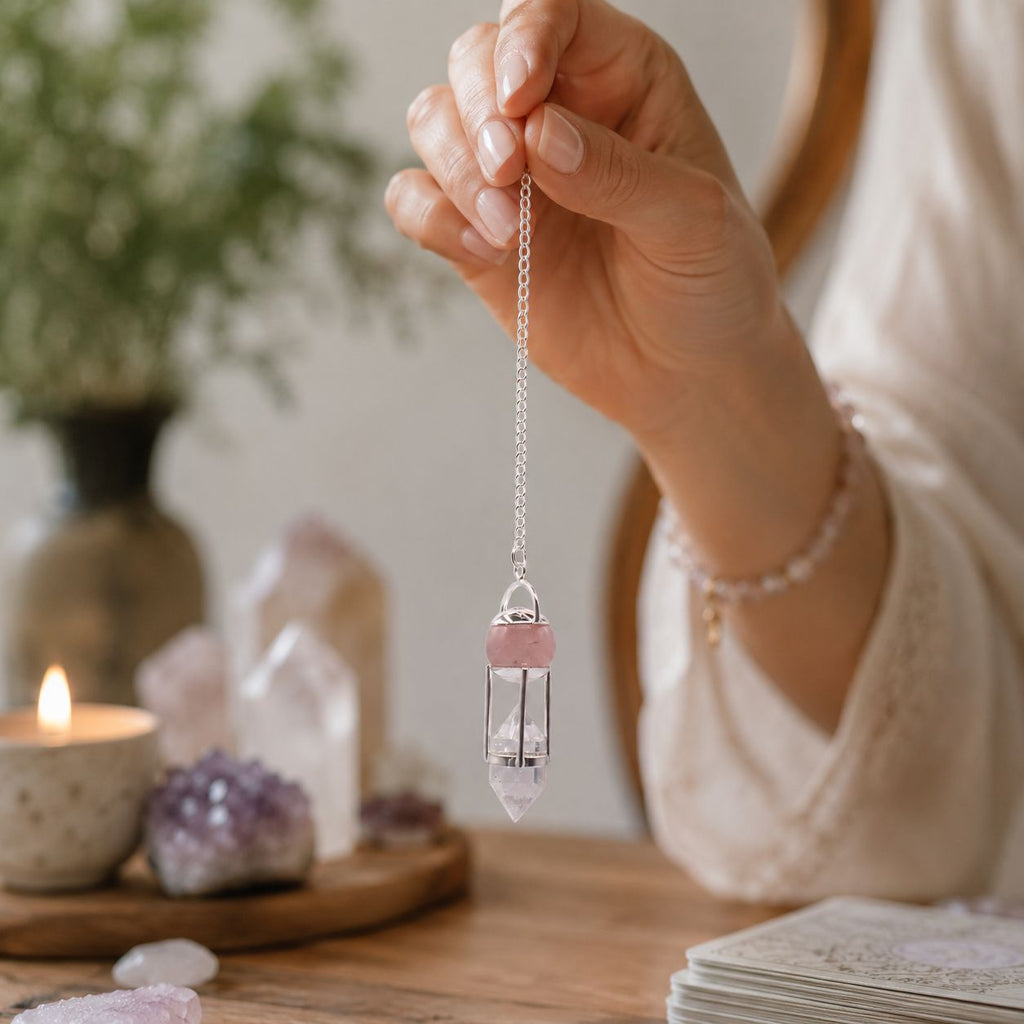Pendule Double Pouvoir en quartz rose et cristal de roche