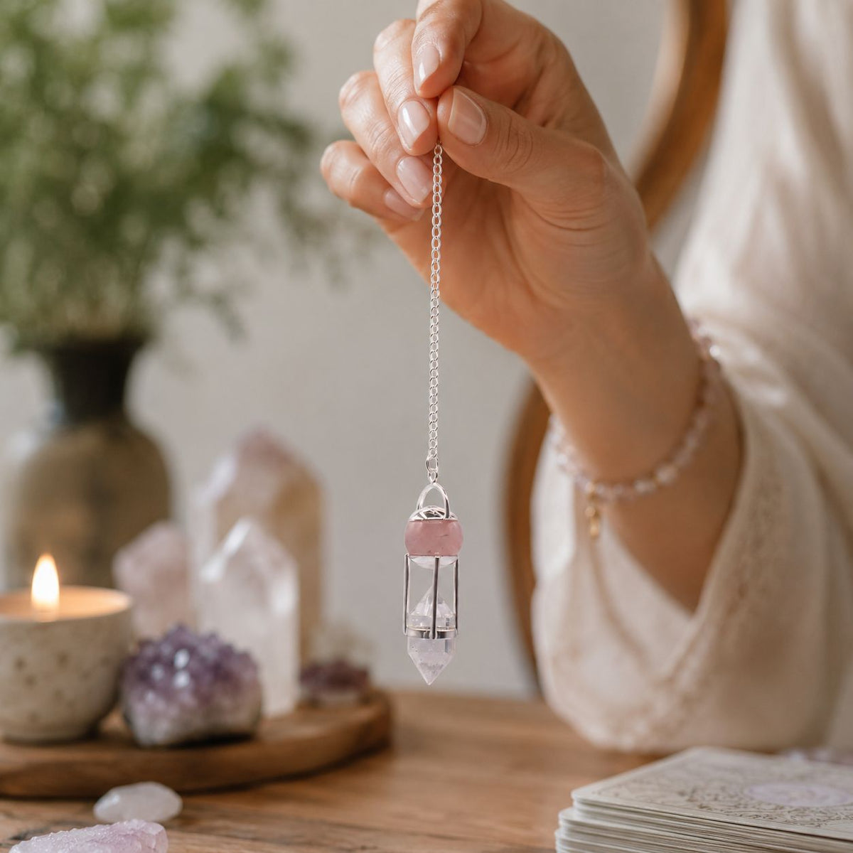 Pendule Double Pouvoir en quartz rose et cristal de roche