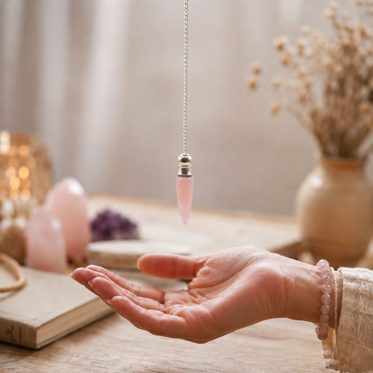 Pendule de radiesthésie en quartz rose avec compartiment secret