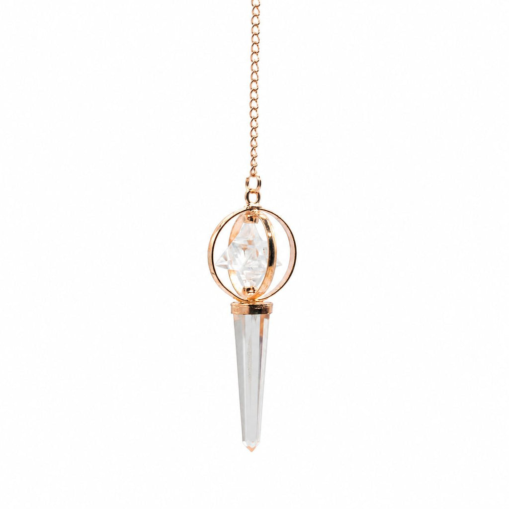 Pendule Stellar Gateway en cristal de roche et Merkaba cuivrée