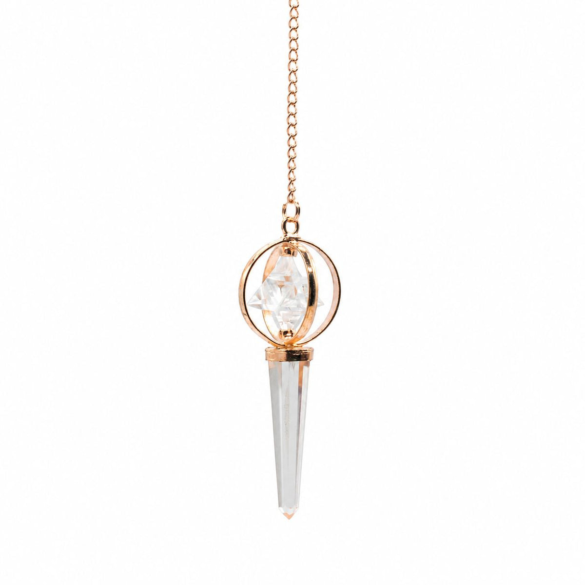 Pendule Stellar Gateway en cristal de roche et Merkaba cuivrée
