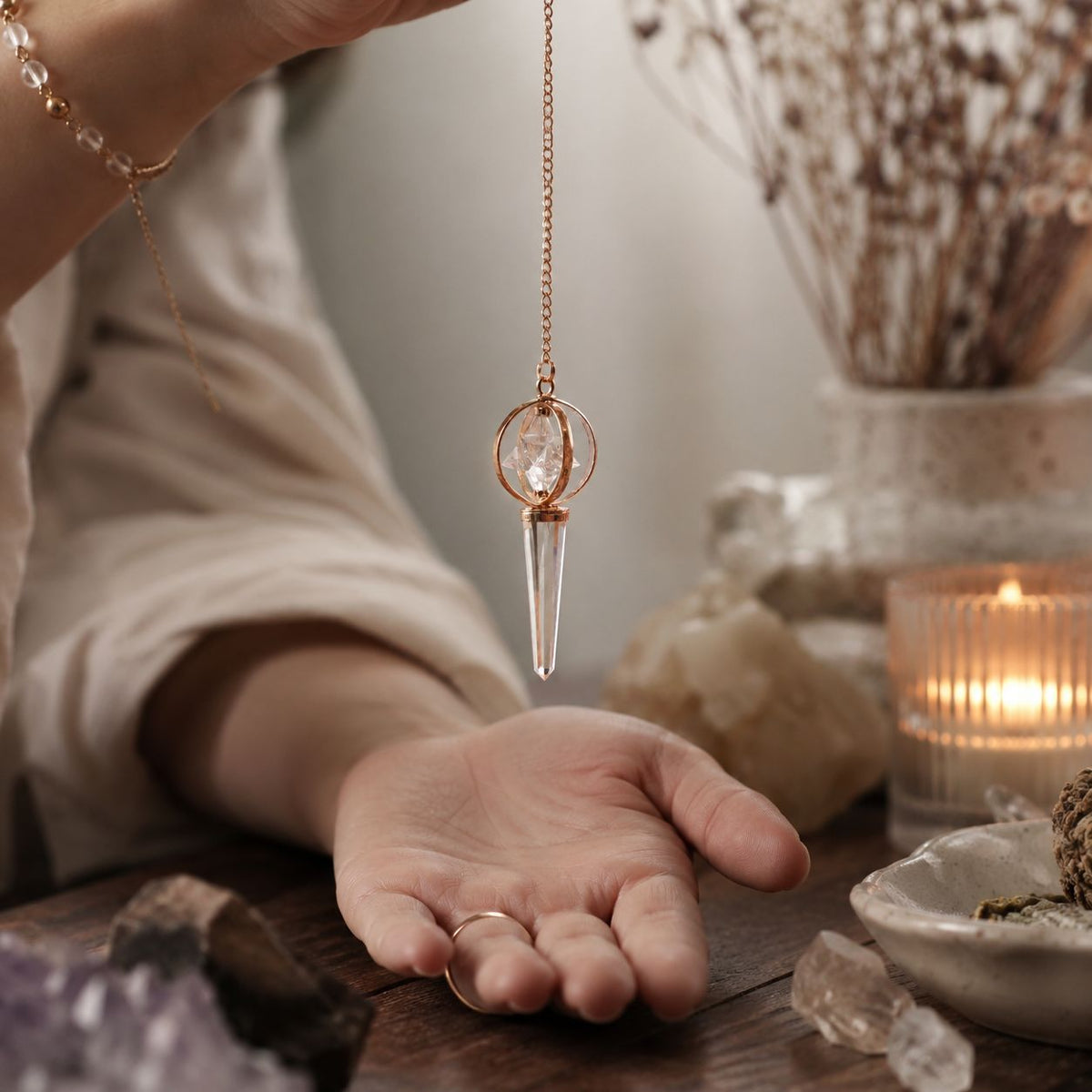Pendule Stellar Gateway en cristal de roche et Merkaba cuivrée