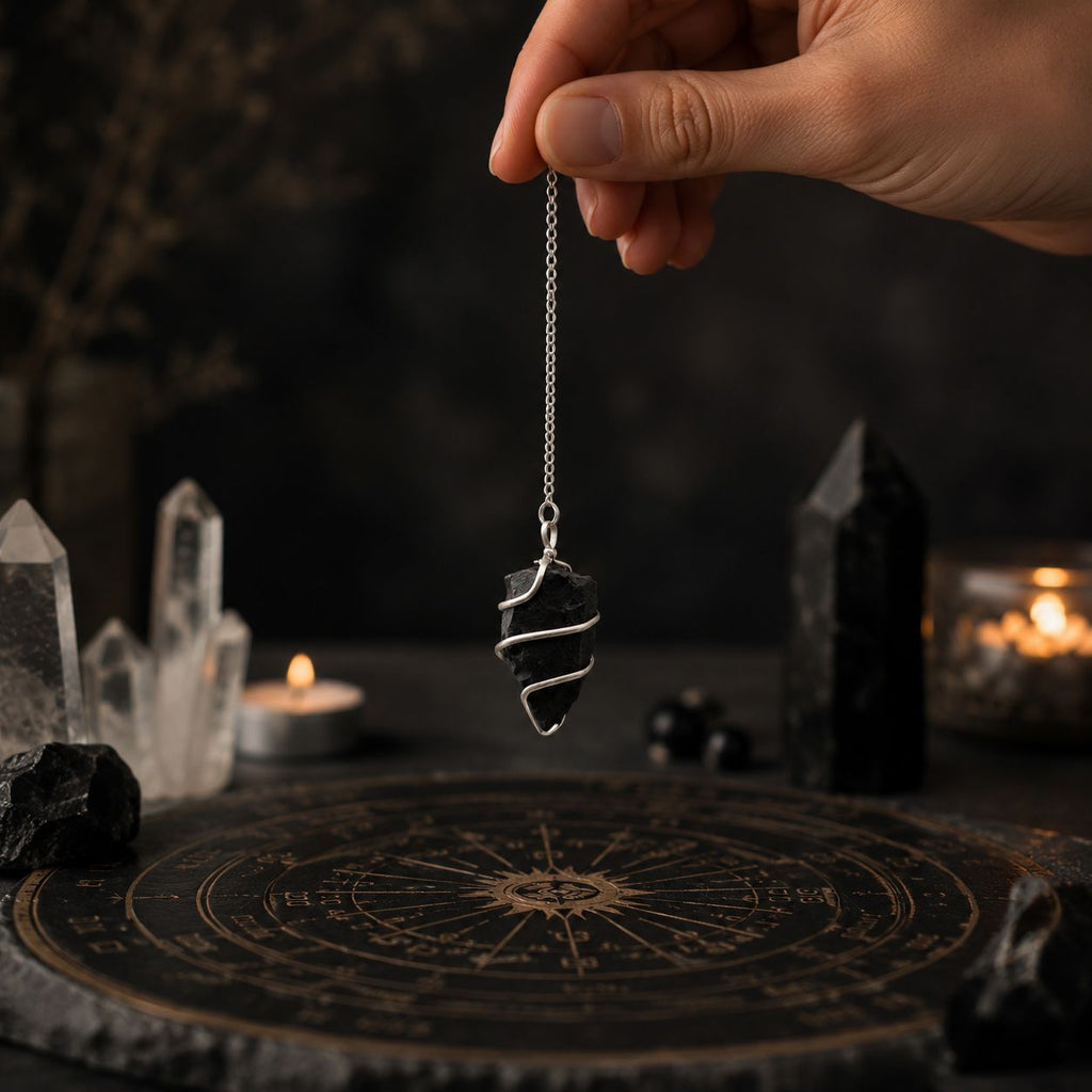Pendule divinatoire en agate noire brute – finition argentée