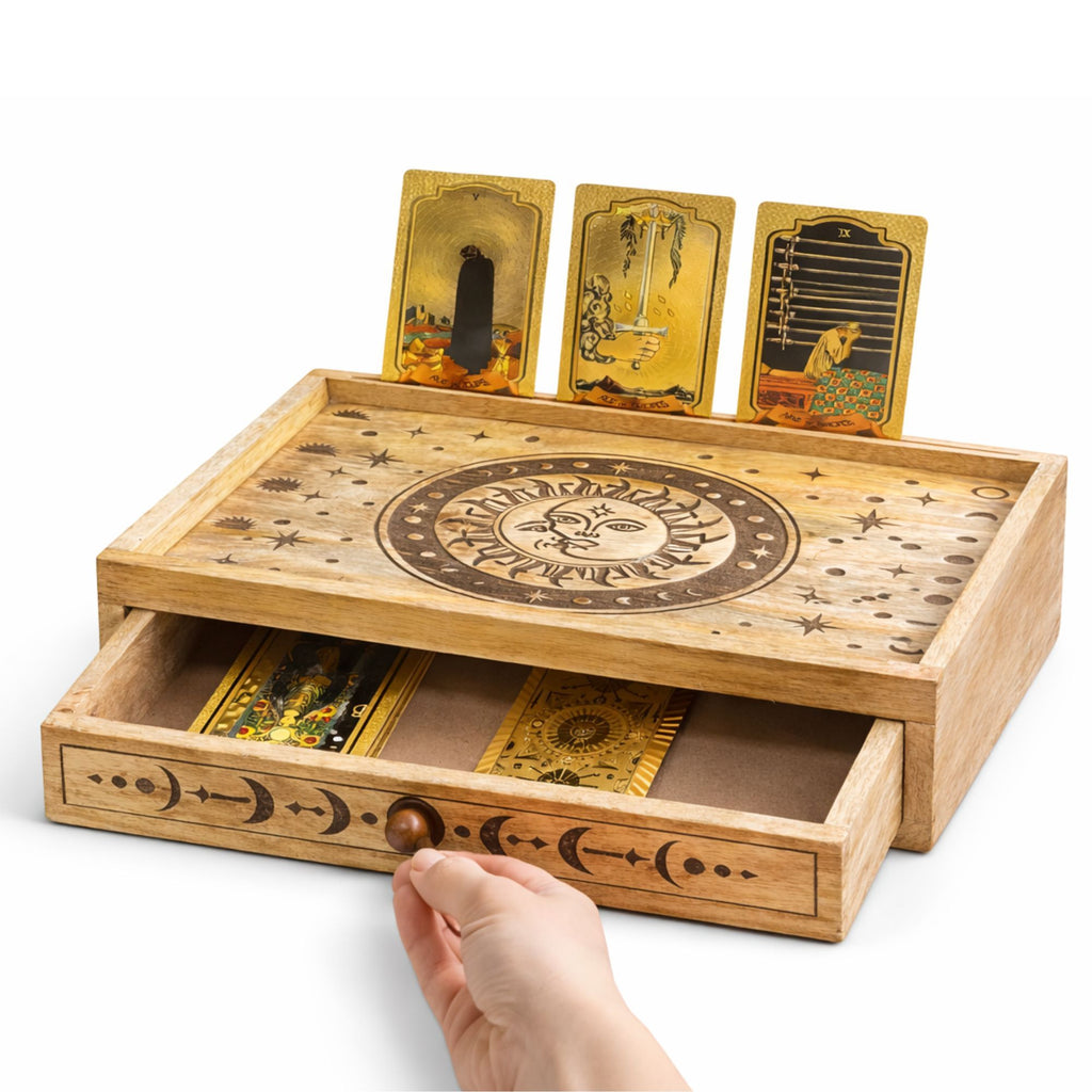 Coffret de tarot Soleil et Lune en bois avec tiroir