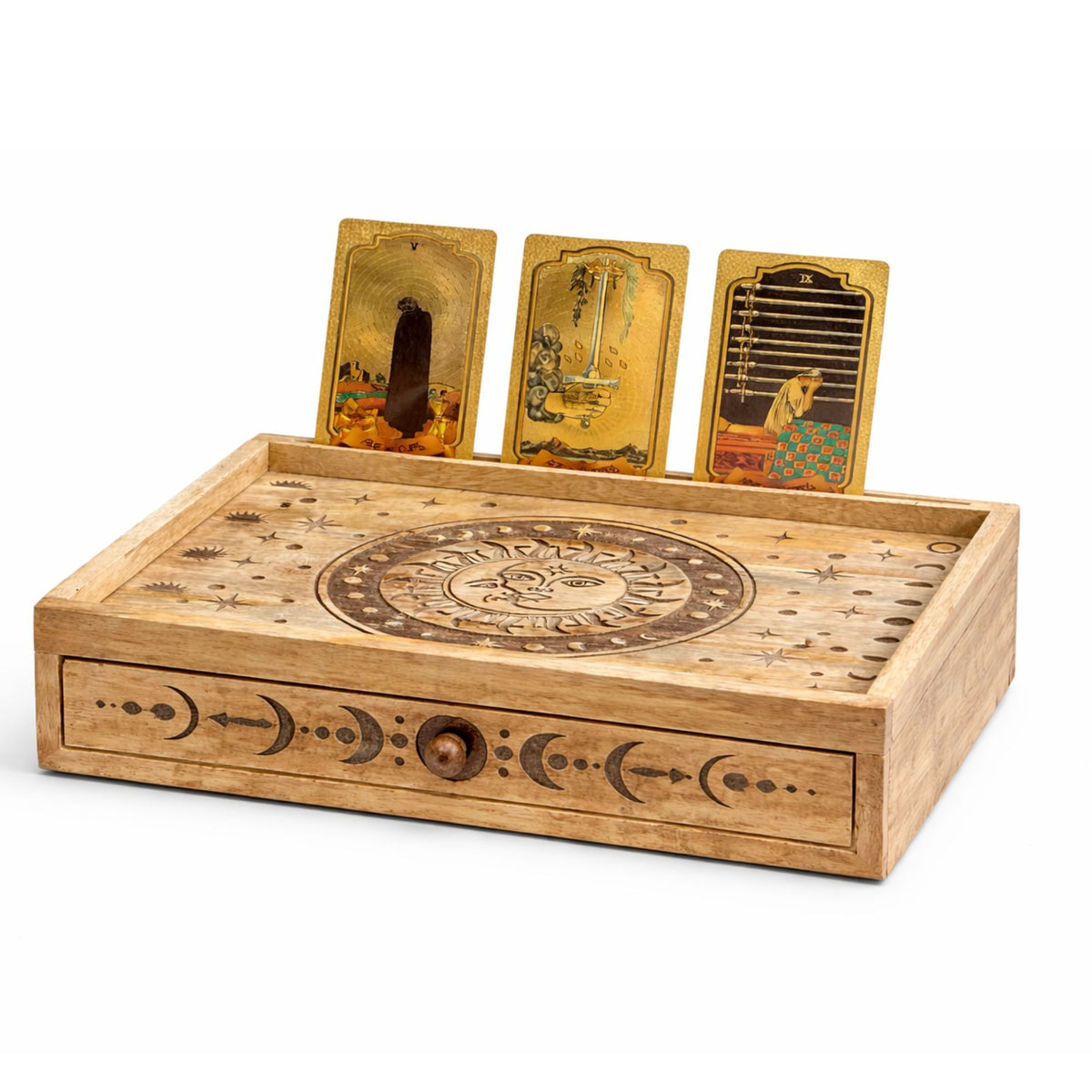 Coffret de tarot Soleil et Lune en bois avec tiroir