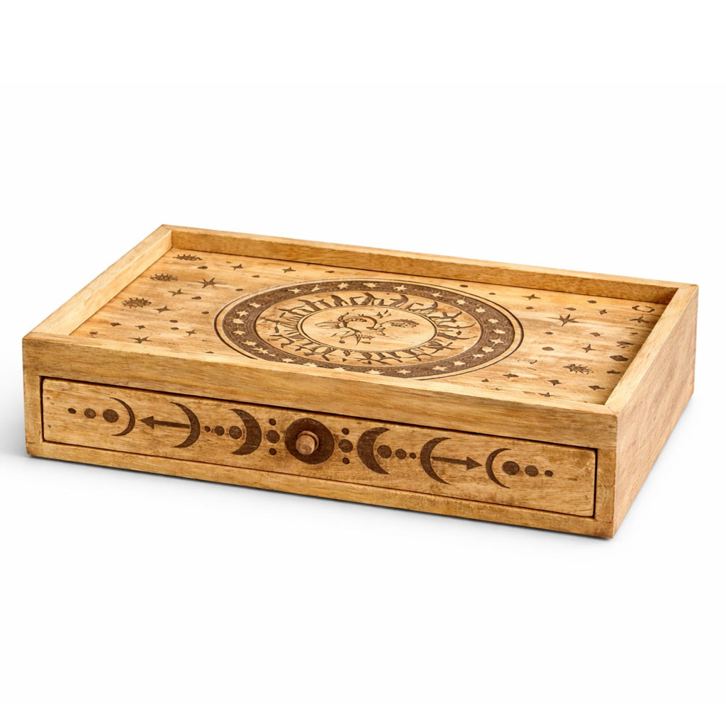 Coffret de tarot Soleil et Lune en bois avec tiroir