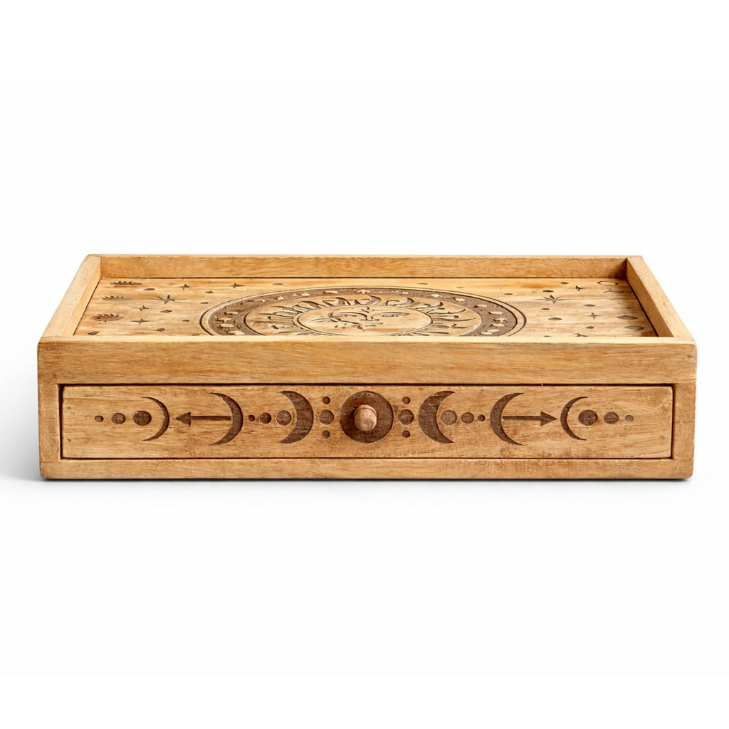 Coffret de tarot Soleil et Lune en bois avec tiroir