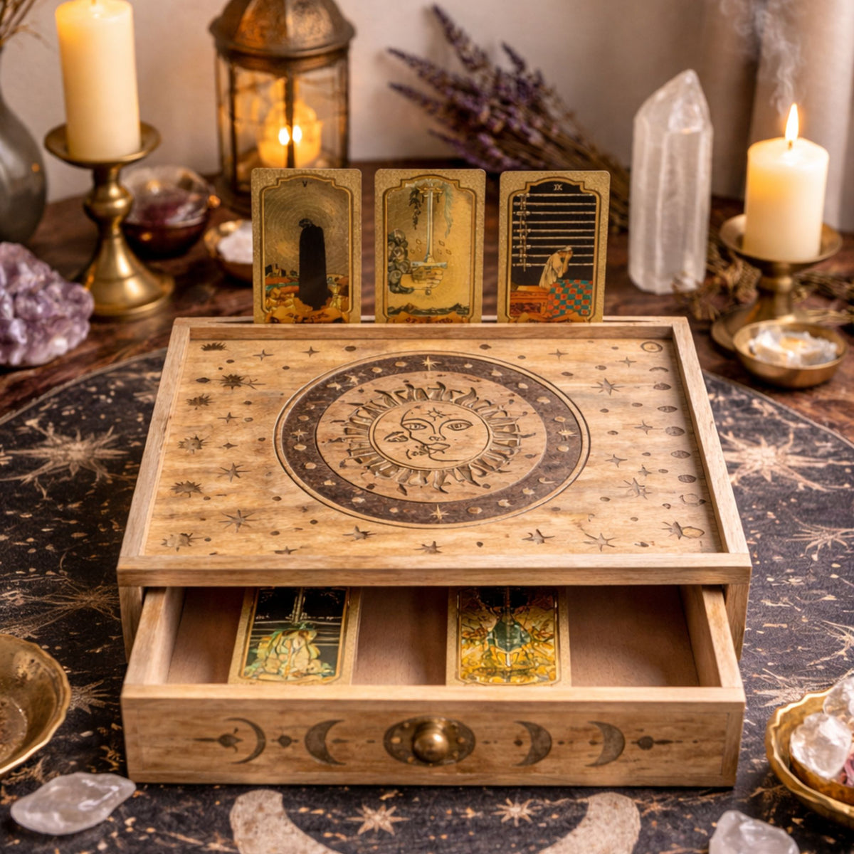 Coffret de tarot Soleil et Lune en bois avec tiroir